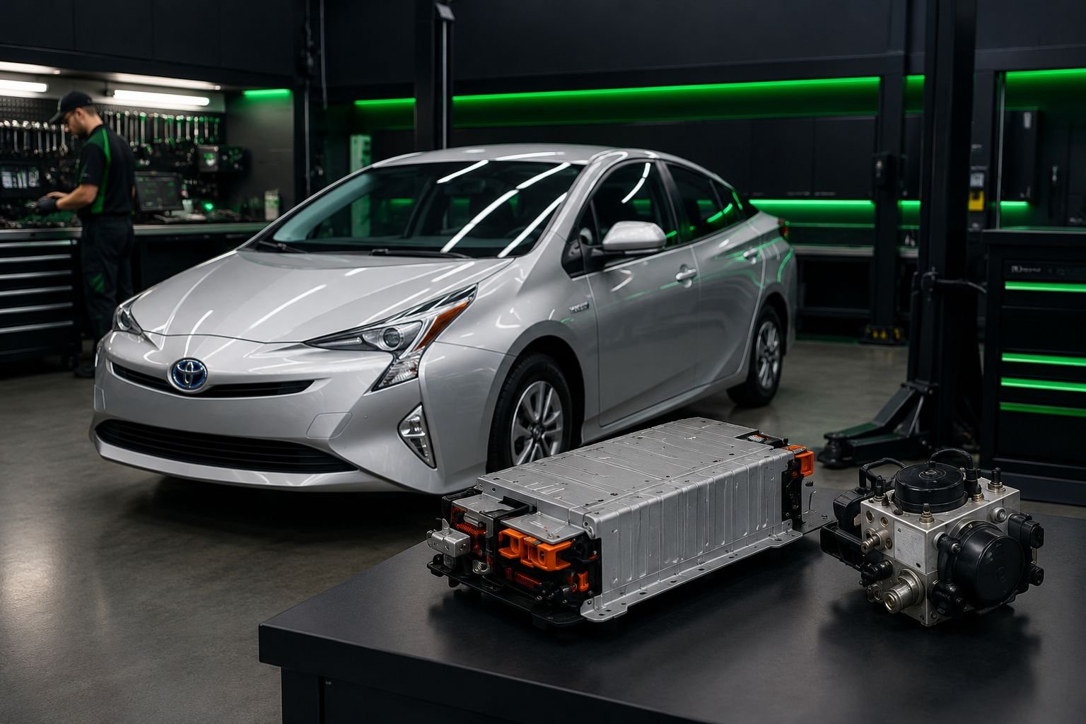Hybrid car with battery pack and ABS unit at PakHybridAuto workshop